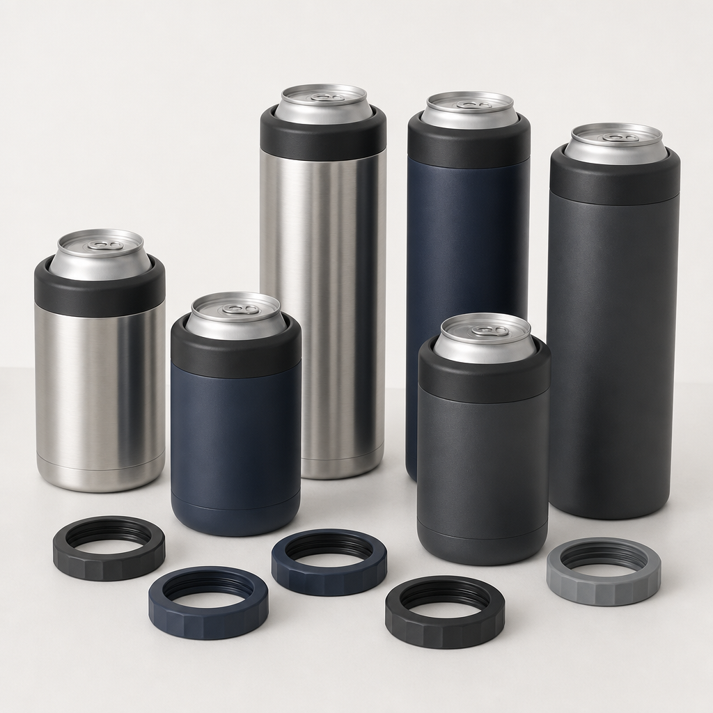 Stainless steel can coolers in slim and standard profiles with interchangeable top rings