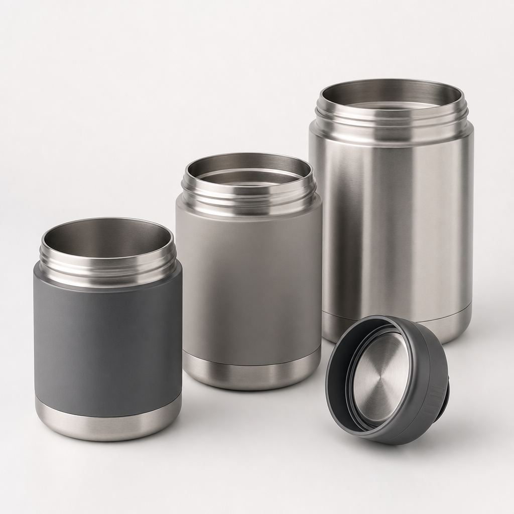 Wide-mouth insulated stainless steel food jars with spoon-compatible lid designs