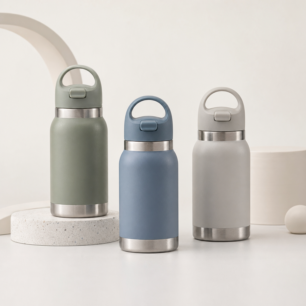 Compact stainless steel kids bottles with soft-tone coatings and easy-carry loop lids