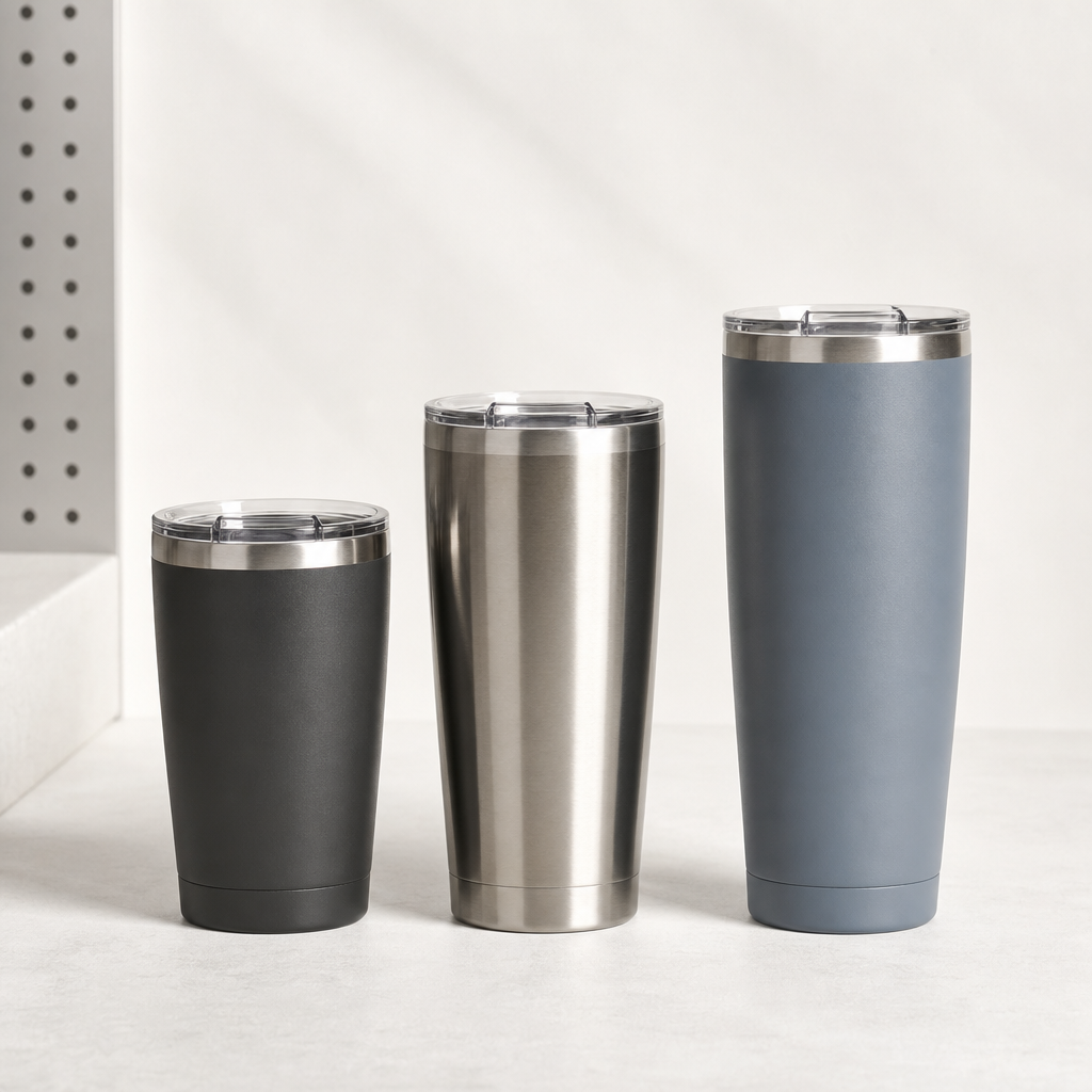 Matte stainless steel tumblers in multiple heights arranged on a clean industrial studio surface