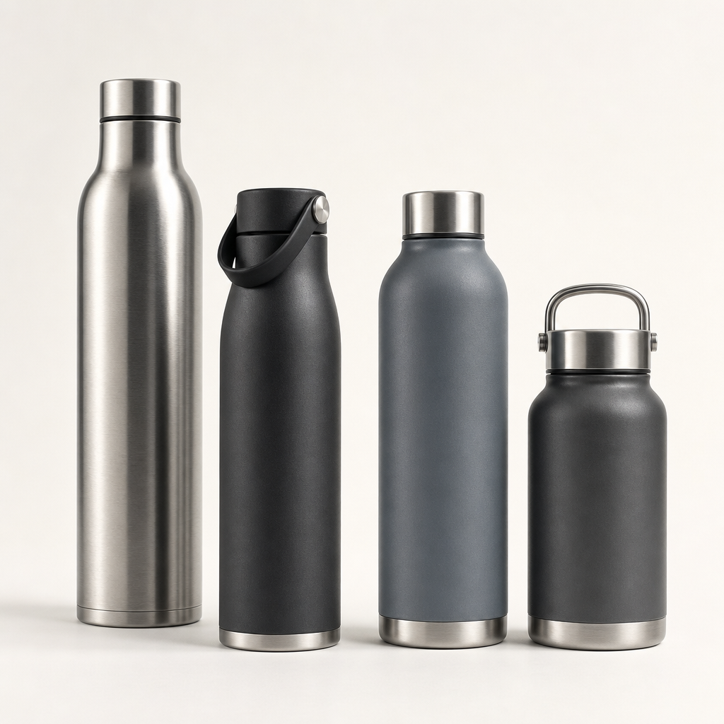 Slim stainless steel vacuum bottles with screw lids in neutral metallic and coated finishes