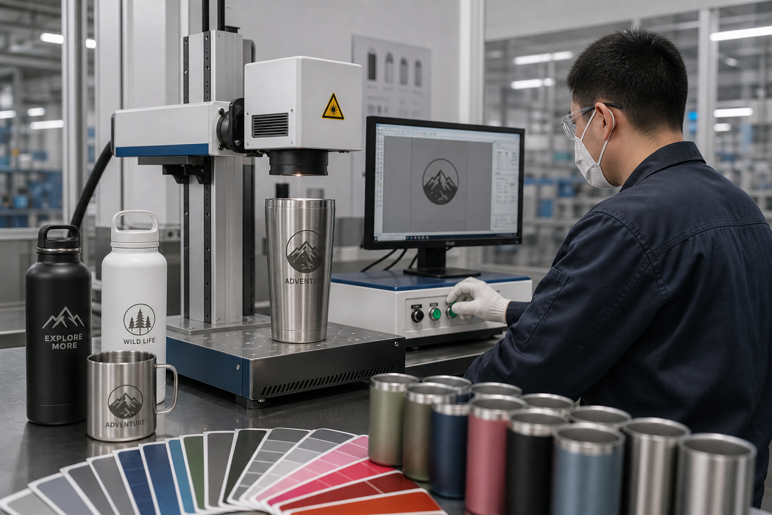 Laser marking and color coating workstation applying custom branding on stainless steel tumblers