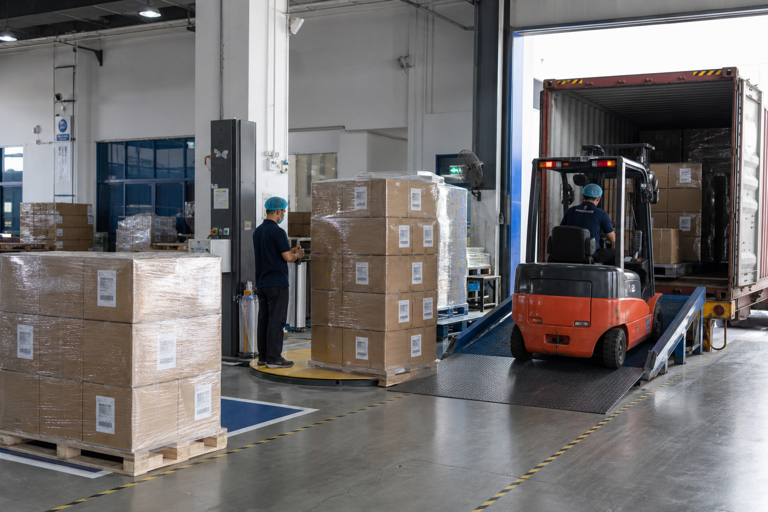 Export team preparing palletized drinkware cartons with barcode labeling and container loading equipment