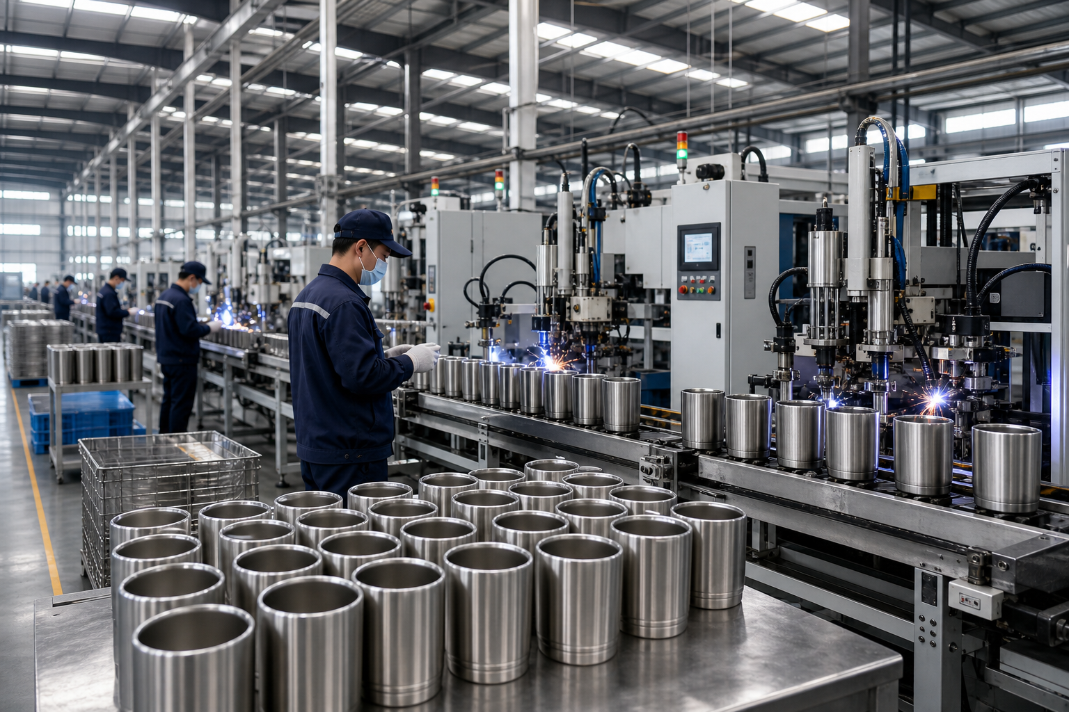 Wide view of stainless steel drinkware production floor with automated welding and assembly stations operated by technicians