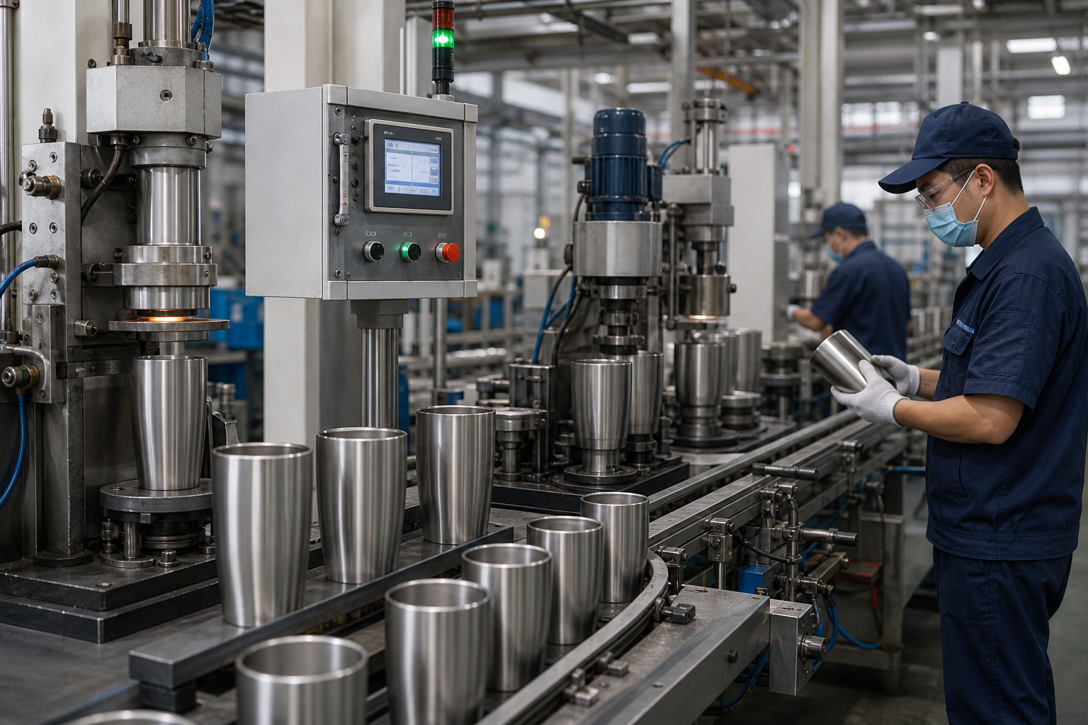 Semi-automated tumbler forming and polishing line with stainless steel components moving through precision stations