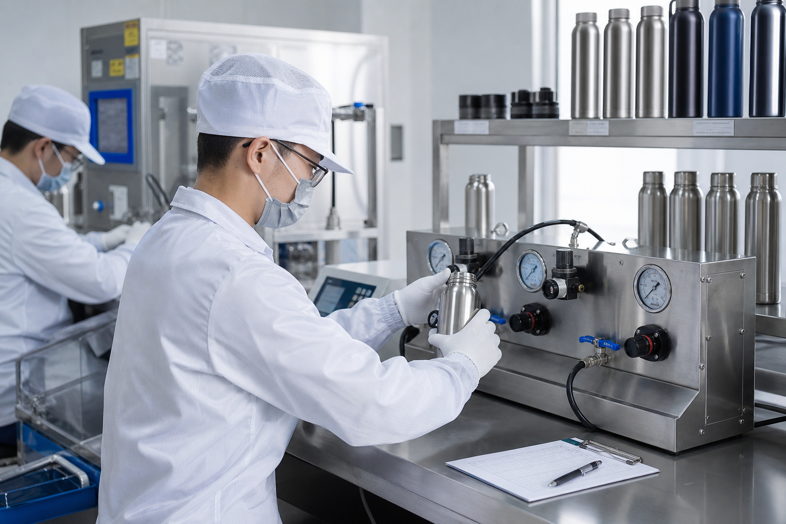 Quality technicians performing leak, insulation, and durability checks on vacuum bottles at testing benches