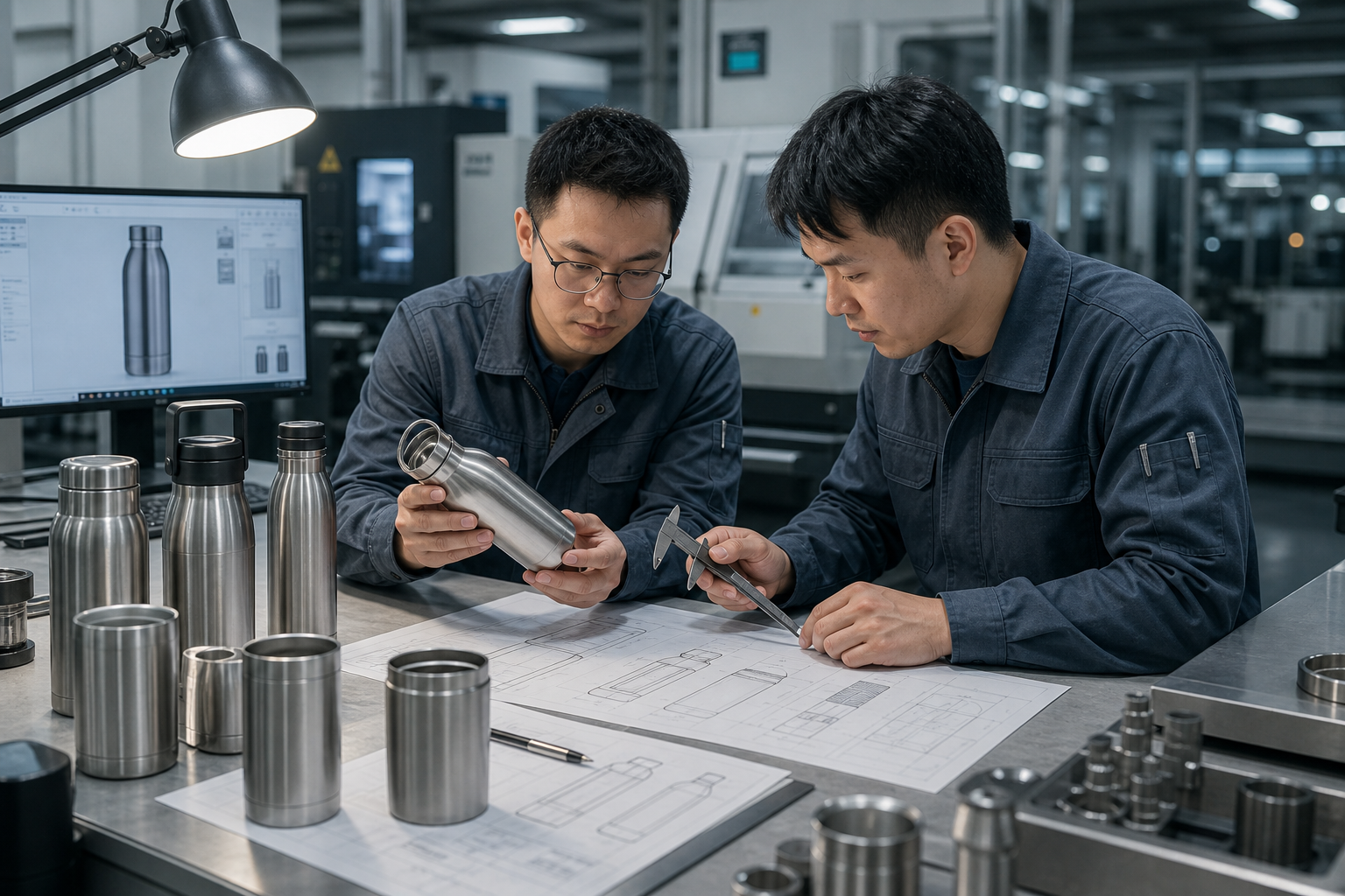 Engineers reviewing CAD drawings and stainless steel bottle prototypes in a product development lab