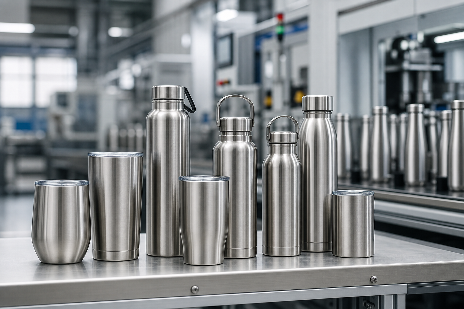 Premium stainless steel tumblers and bottles arranged in a clean industrial manufacturing setting with soft natural highlights
