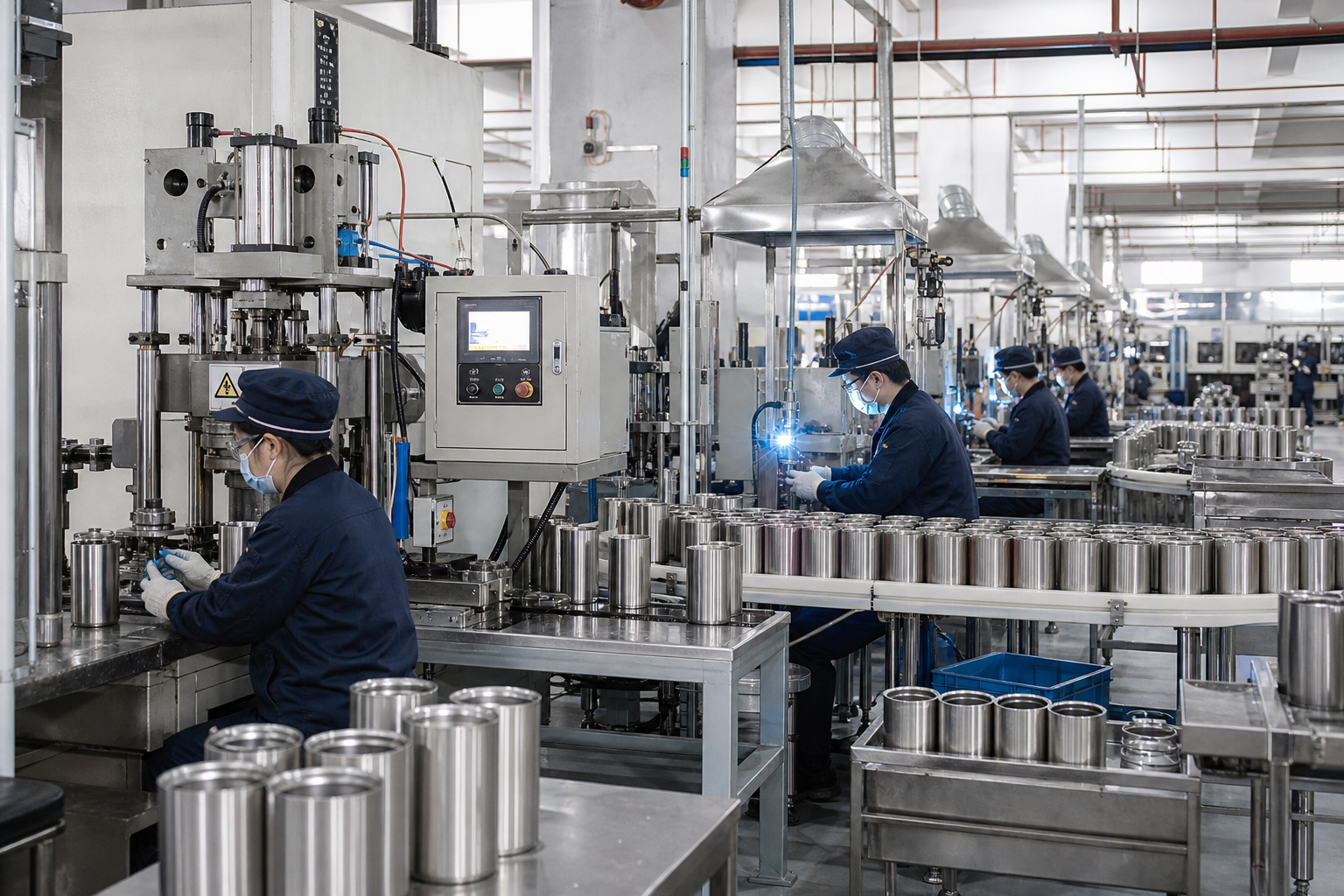 Factory technicians operating stainless steel drinkware production equipment on an organized manufacturing line