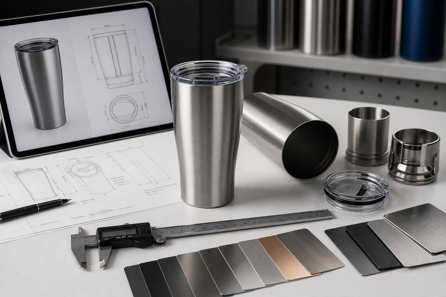 Technical stainless steel tumbler rendering on a design review table with material swatches and caliper measurements