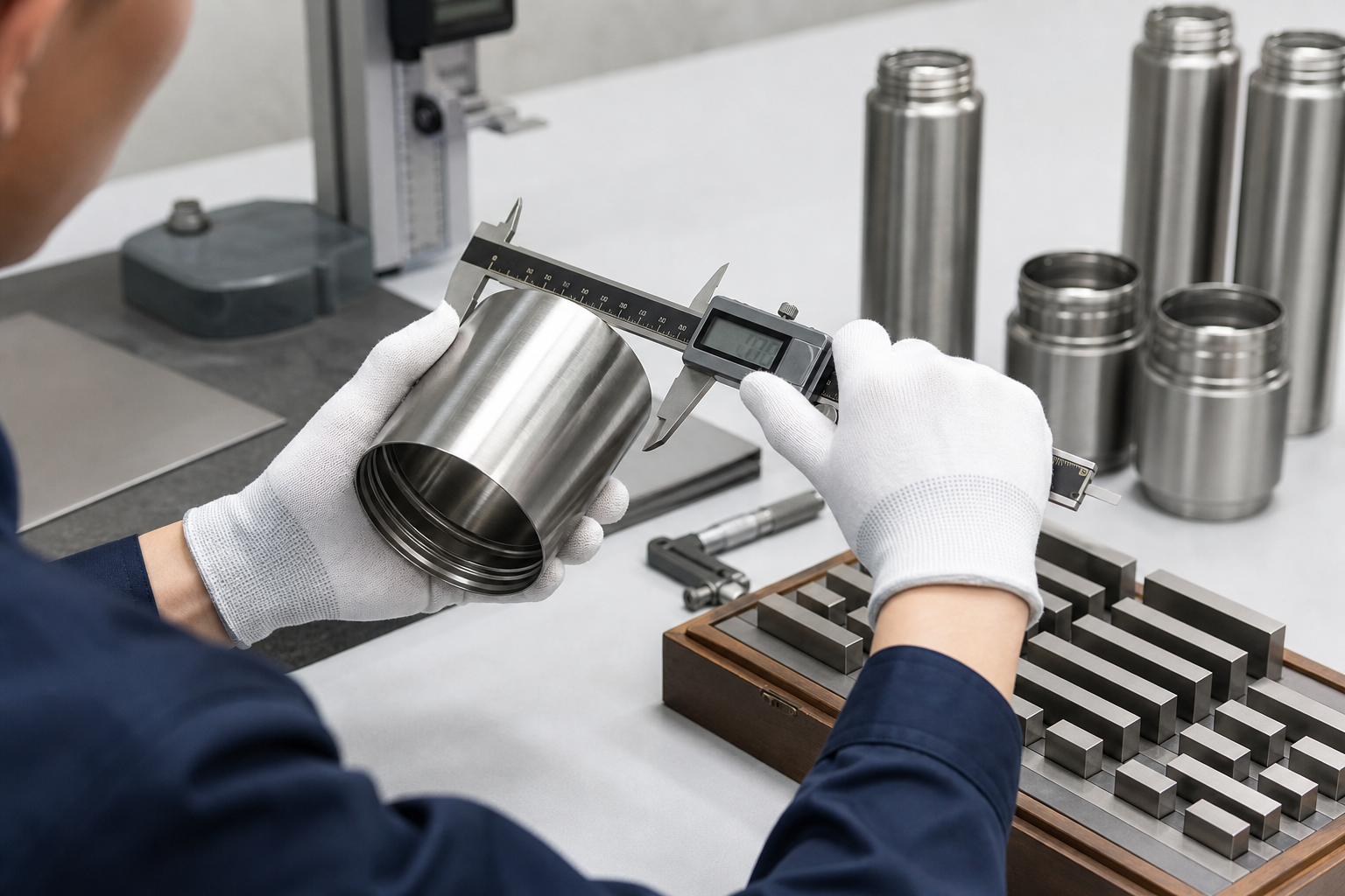 Close-up of a technician verifying stainless steel drinkware dimensions with precision measuring tools on an inspection table