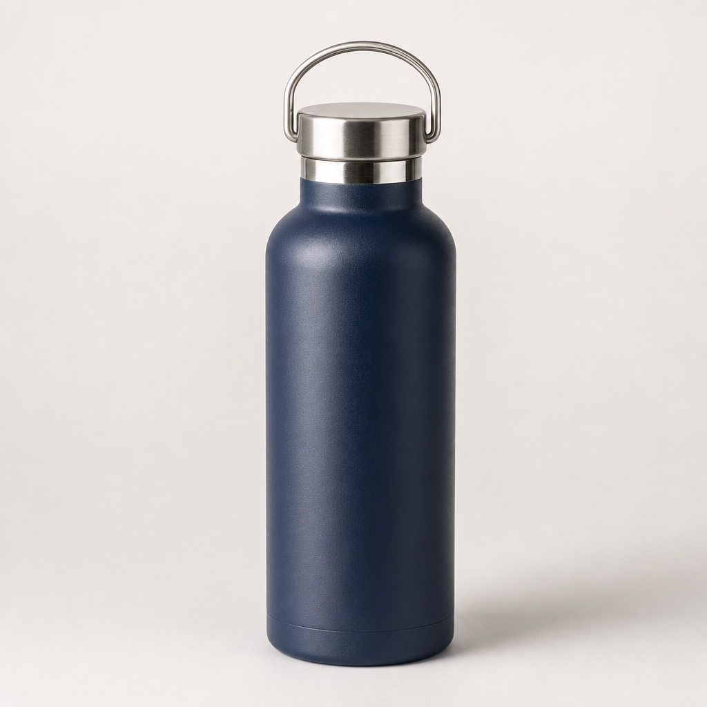 Navy blue wide-mouth stainless steel bottle with metal loop cap