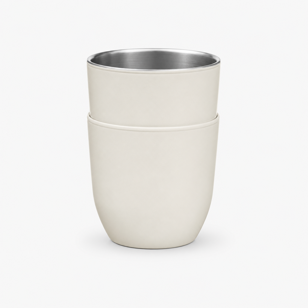 Cream white stainless steel coffee cup with compact stackable shape
