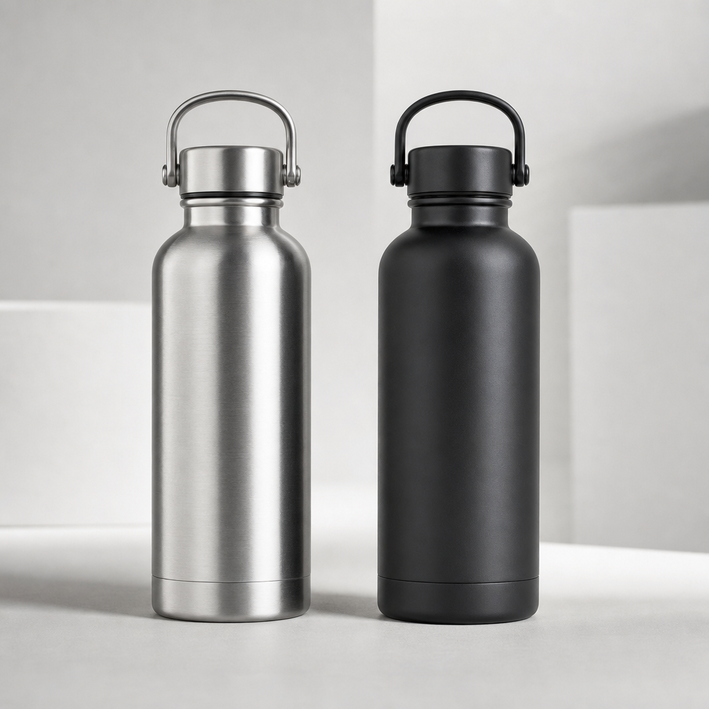 Two stainless steel bottles in brushed steel and matte graphite finishes shown as custom concept pair