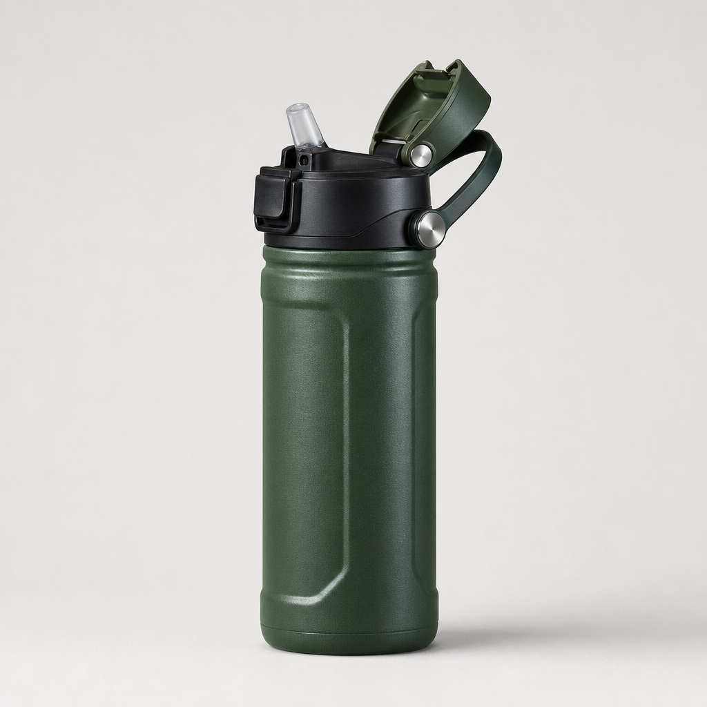 Forest green stainless steel sports bottle with flip straw lid
