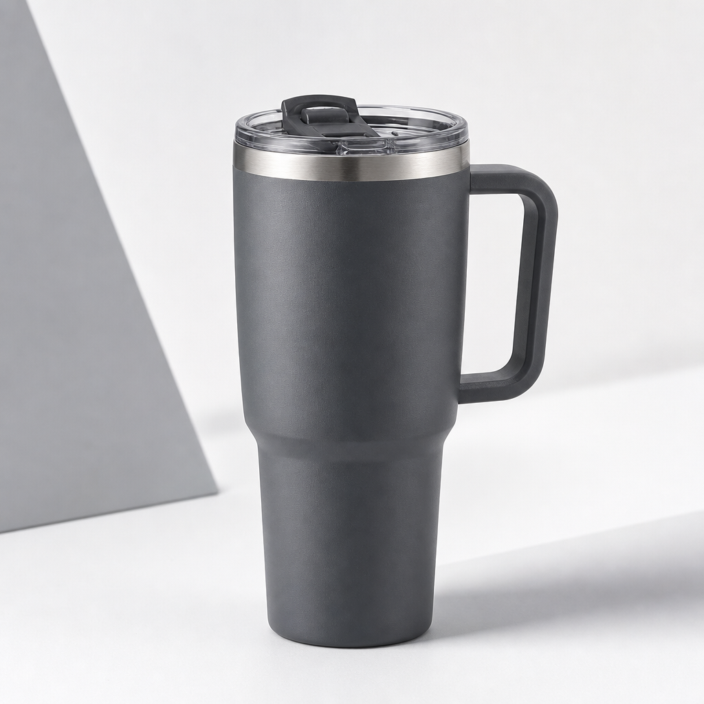 Slate gray stainless steel travel mug with ergonomic side handle