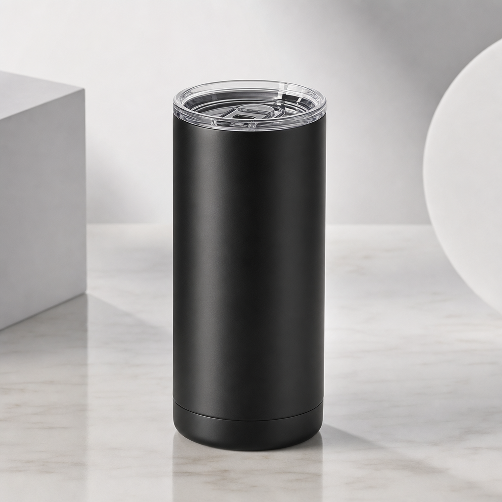 Matte black stainless steel tumbler with straight silhouette and clear lid