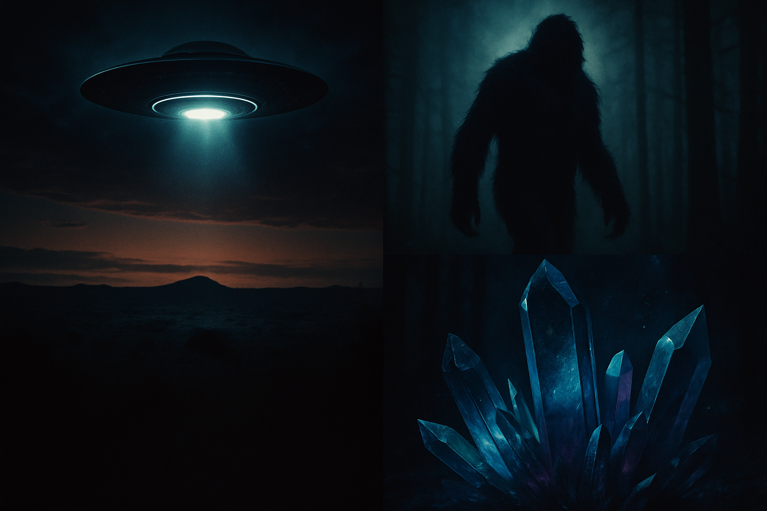 A dramatic collage showing a luminous UFO above a desert horizon, a shadowy forest with Bigfoot silhouette, and crystalline shards glowing with cosmic light