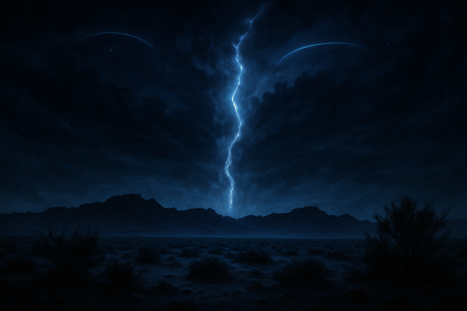 Glowing fissure in a stormy Nevada night sky above a dark desert horizon
