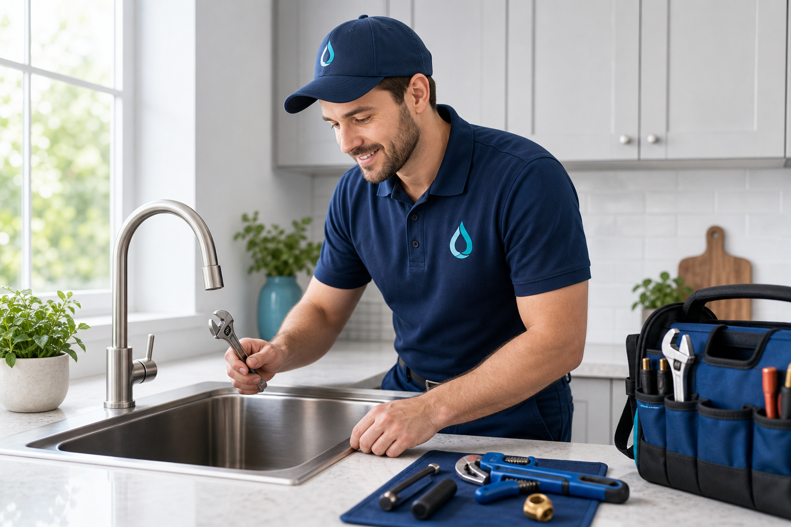 Friendly professional plumber inspecting a clean kitchen sink with tools nearby, modern service illustration style