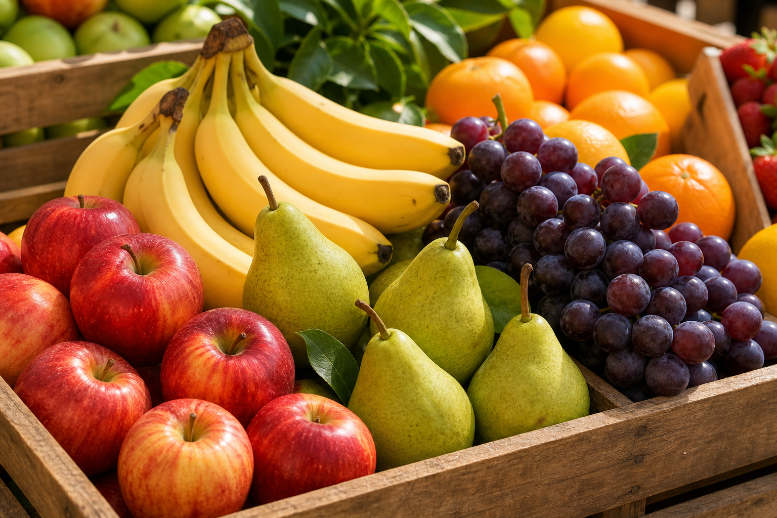 A vibrant assortment of fresh seasonal fruit arranged in a wooden market crate