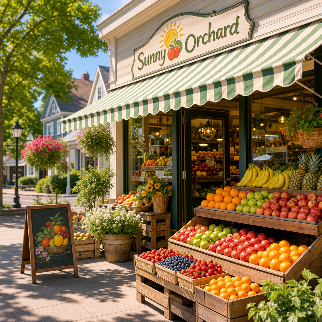 Sunny Orchard storefront with wooden produce stands, crates of colorful fruit, and a welcoming striped awning on a sunny day