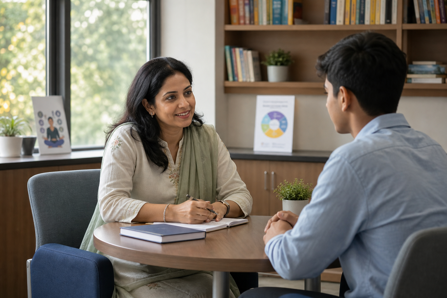 Calm counseling room with a counselor and student in discussion, natural light, bookshelves, and a reassuring academic atmosphere
