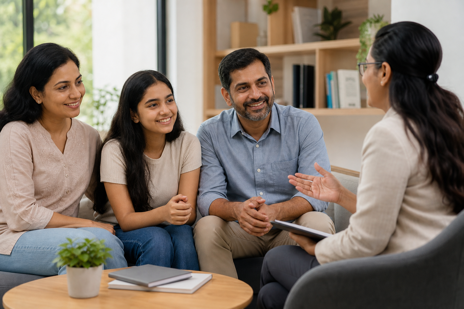 Warm candid scene of parents and a teenage child discussing school and well-being with a counselor in a calm room