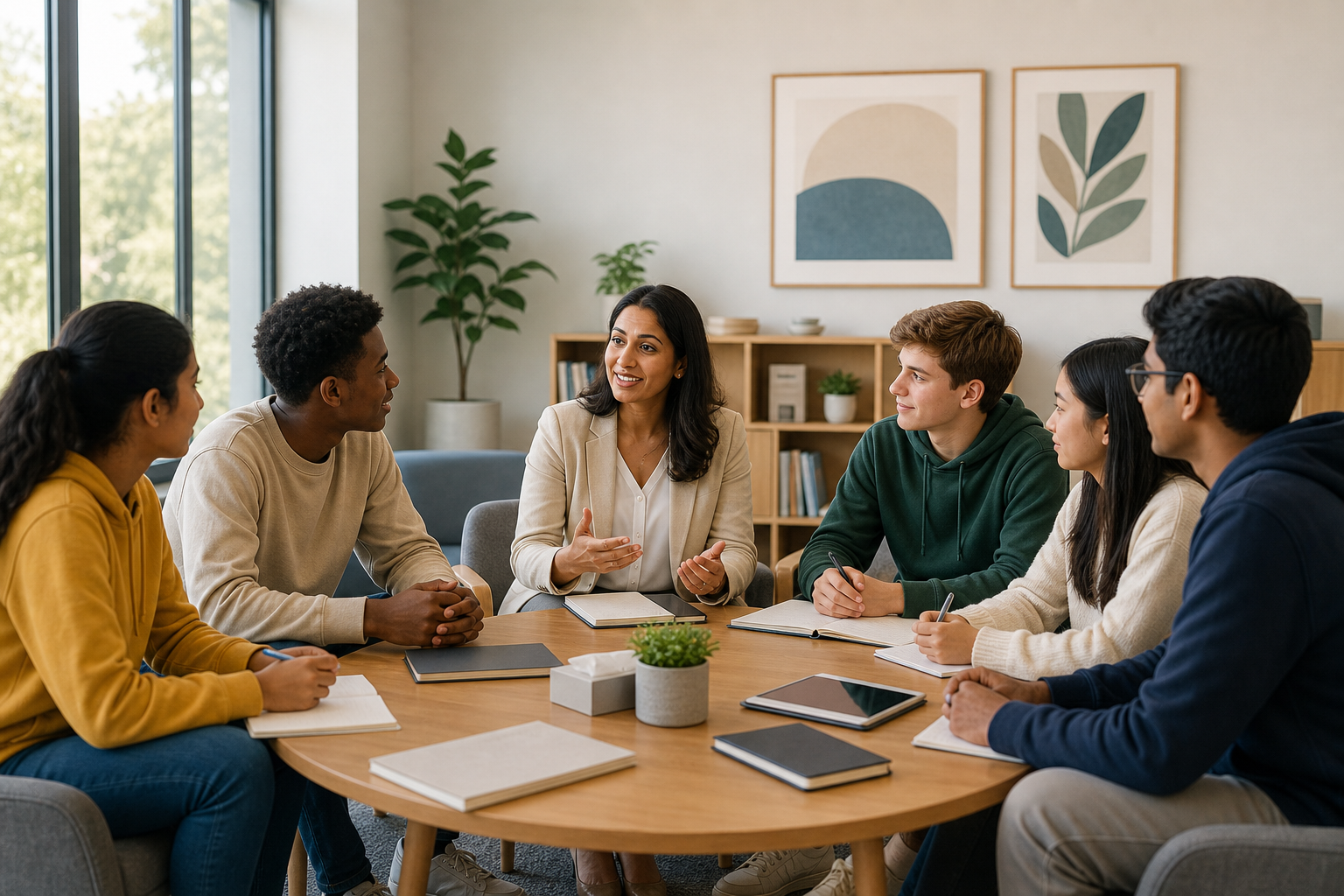 Welcoming counseling session with a diverse group of students and a professional counselor in a modern educational setting