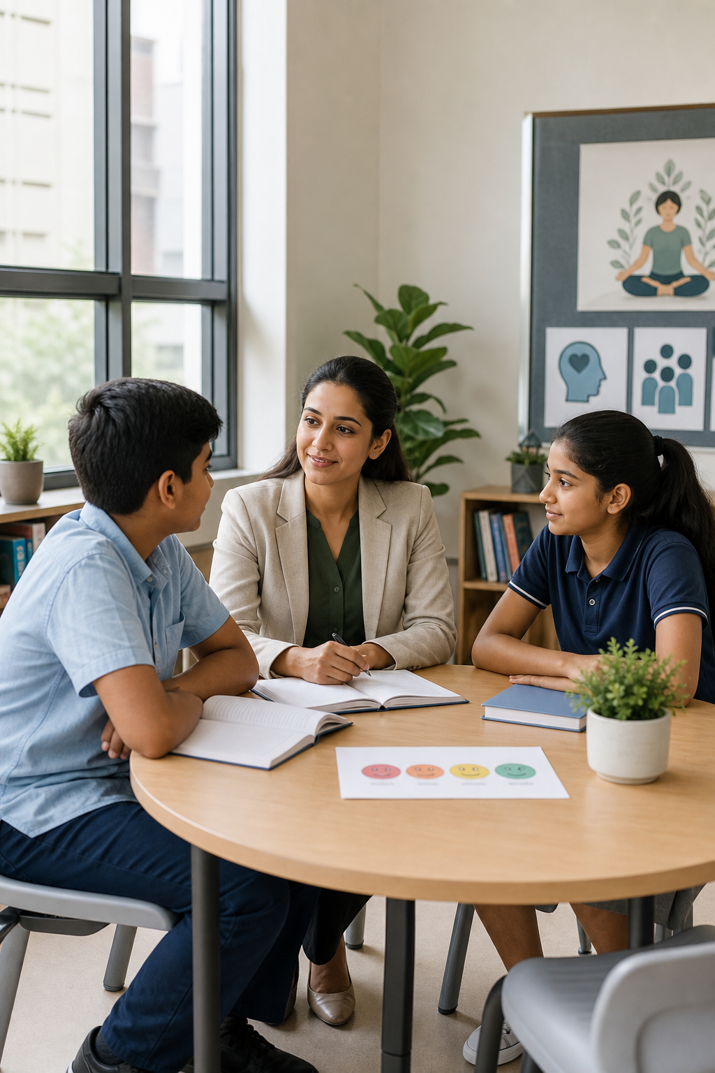 School counselor guiding two students in a bright classroom wellness corner