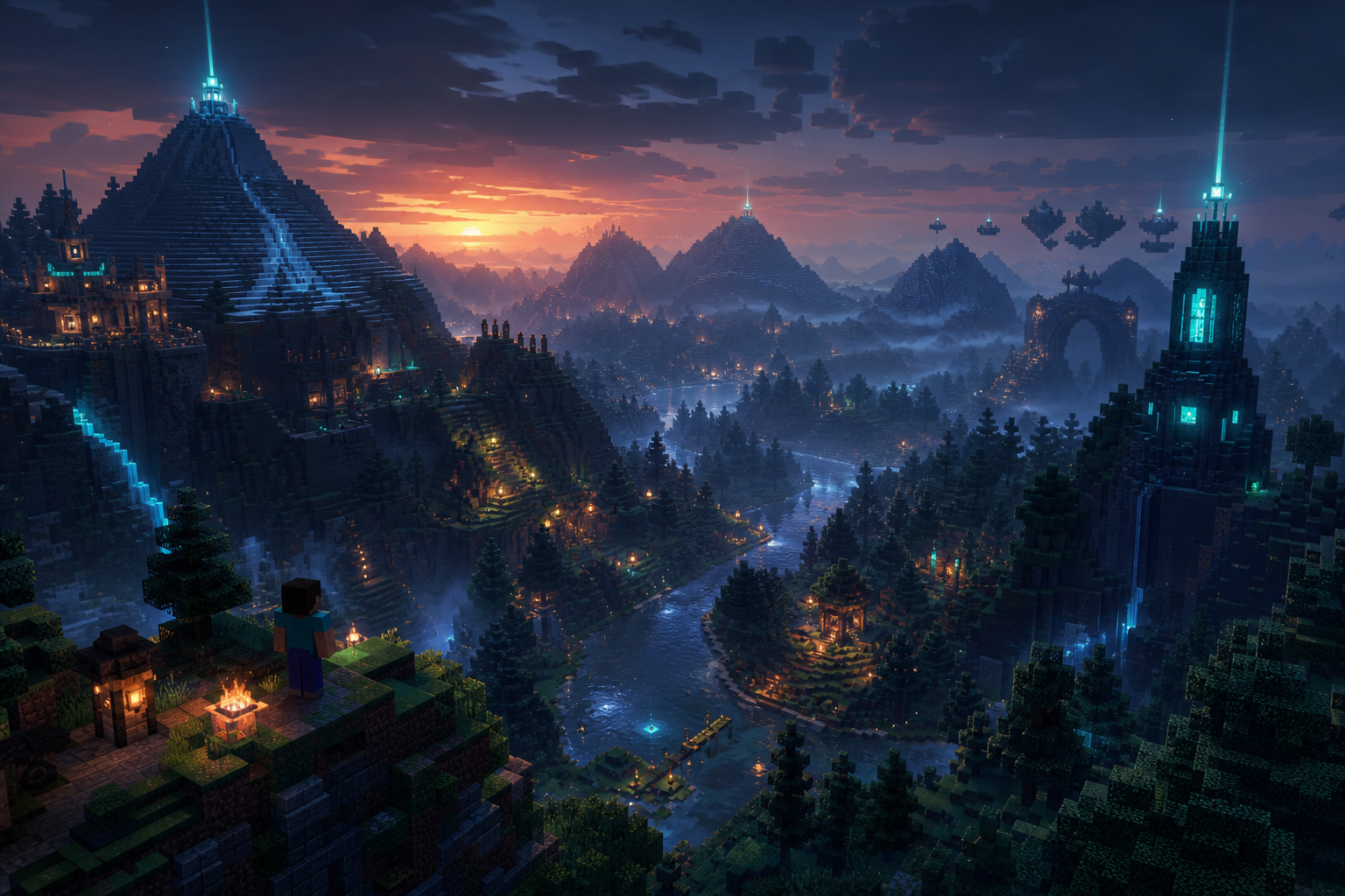 Atmospheric blocky world landscape at dusk with layered terrain depth and glowing points of interest