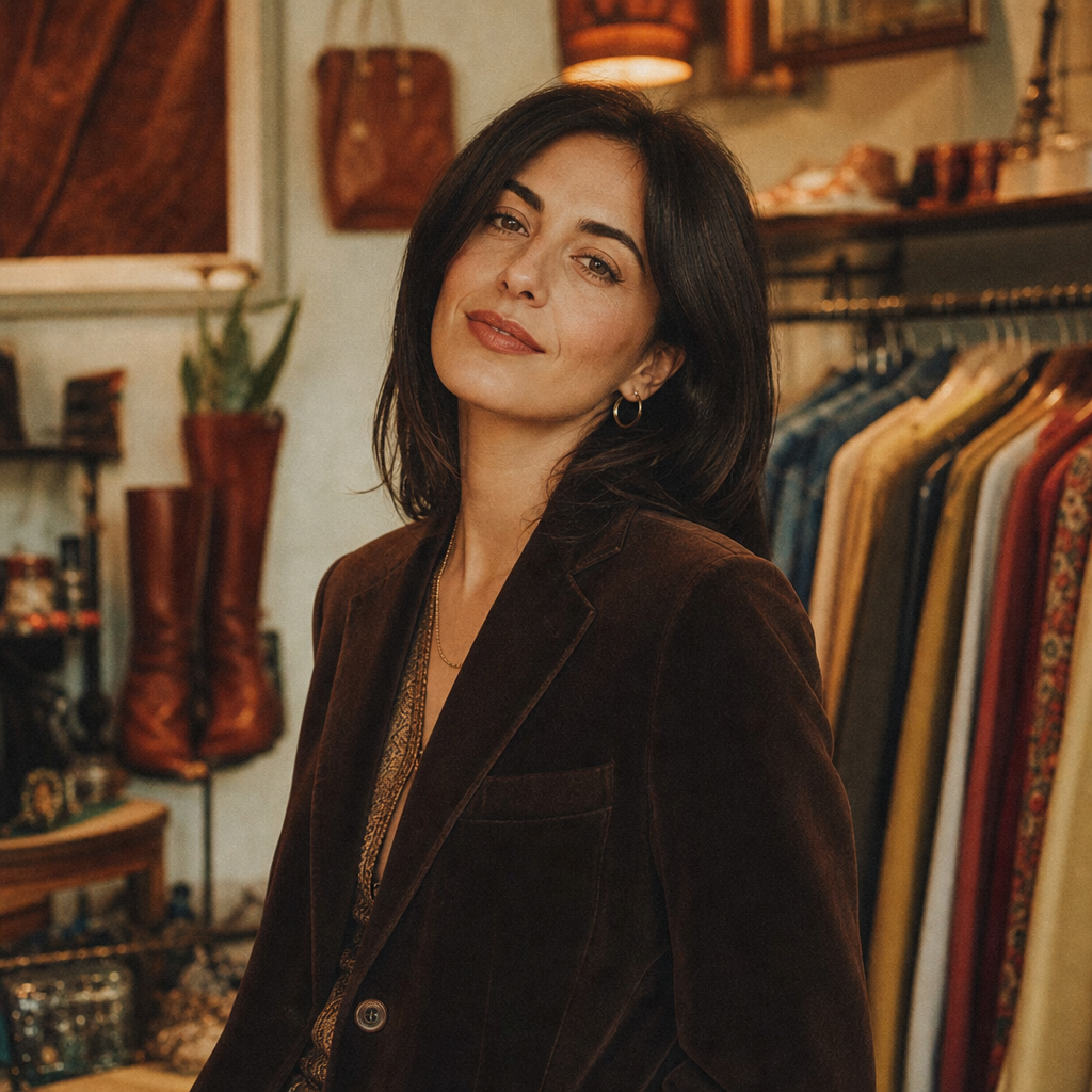 Portrait of Nadia, a vintage suit collector
