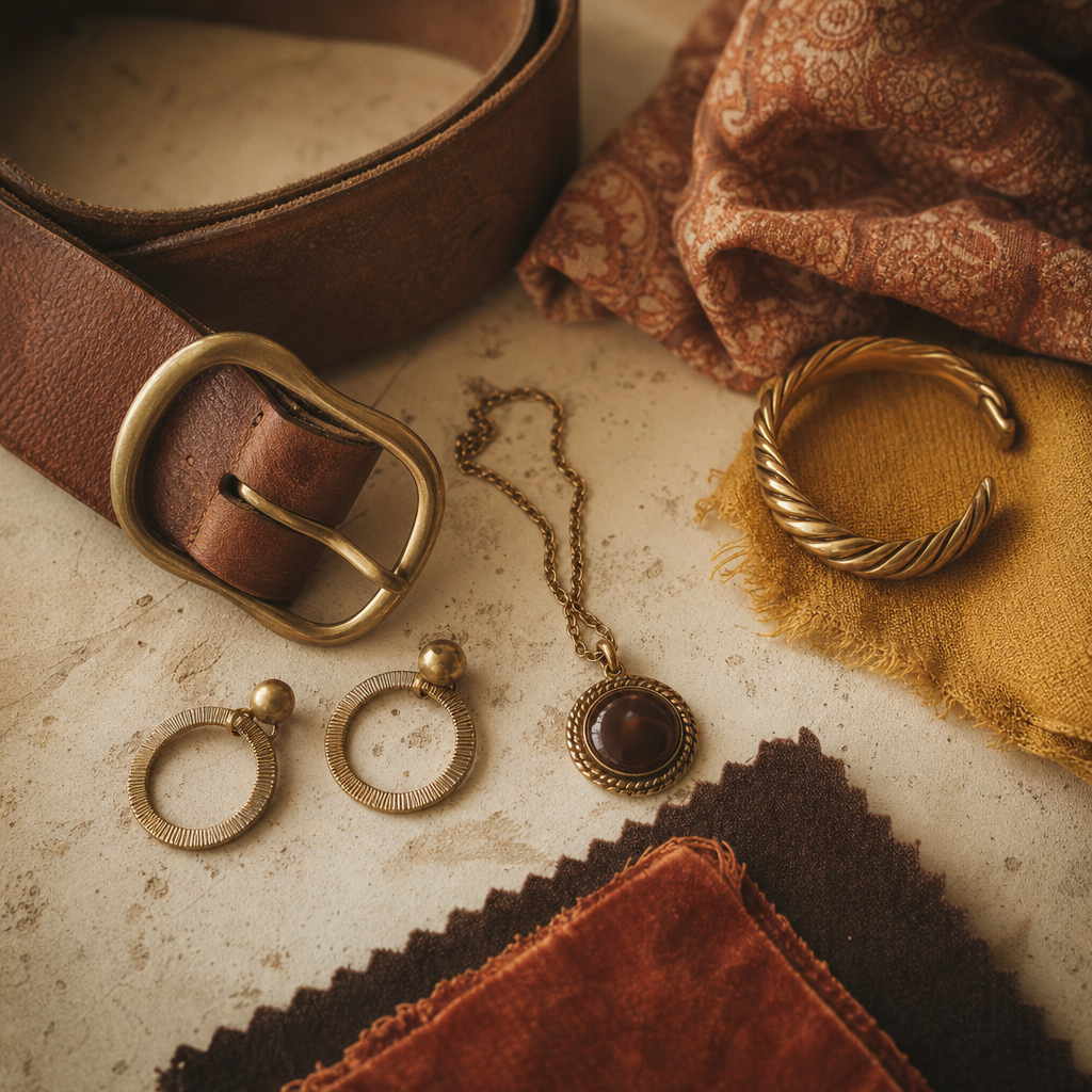 Close-up still life of vintage accessories and fabric textures