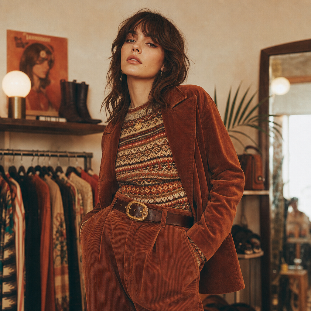 Editorial portrait of a vintage outfit styled with layered textures