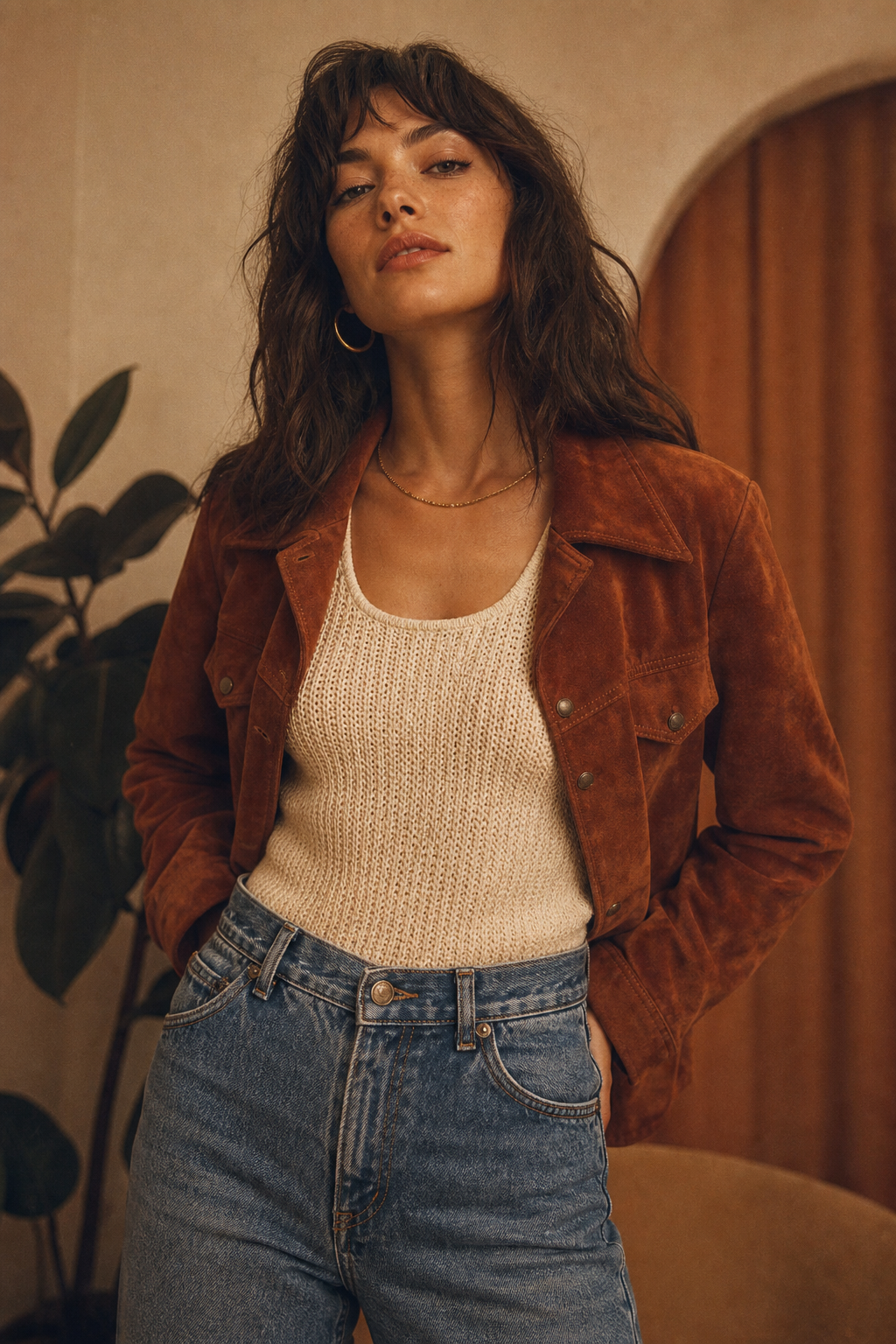 Model wearing a rust suede jacket and high-waisted denim in warm film lighting