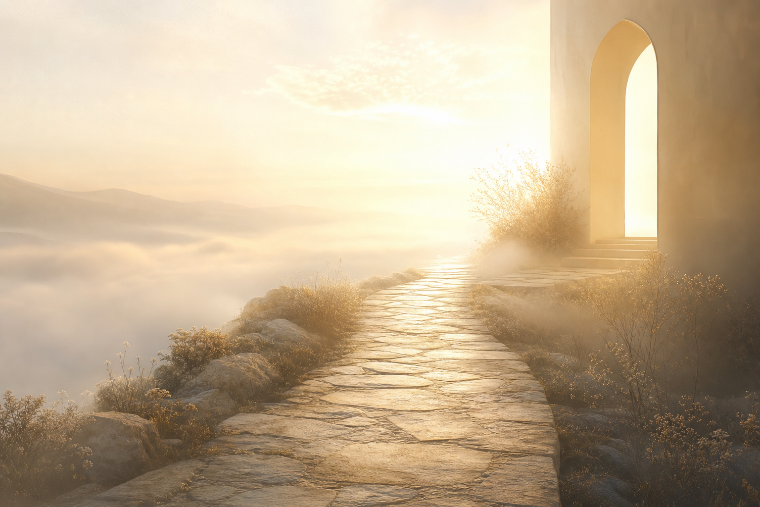 Soft symbolic scene of warm dawn light crossing a quiet path with subtle mist, expressing guidance and reflection
