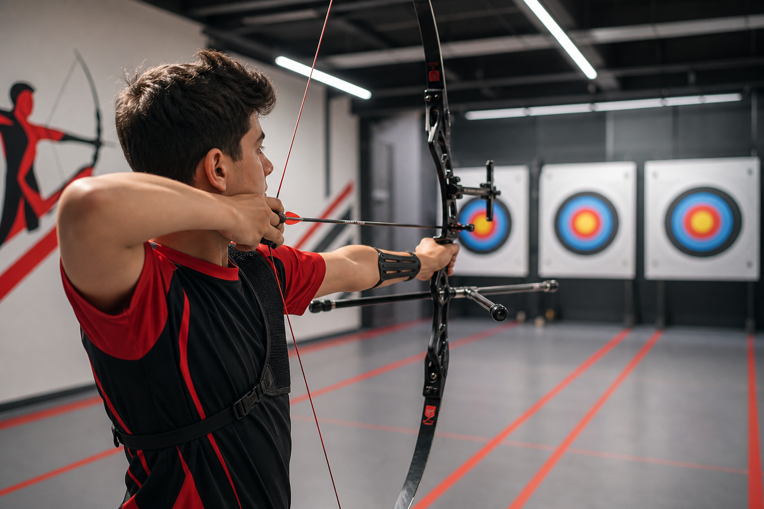 Modern okçuluk salonunda, siyah kırmızı spor kıyafetli genç bir sporcu, hedef tahtasına odaklanarak yayını geriyor