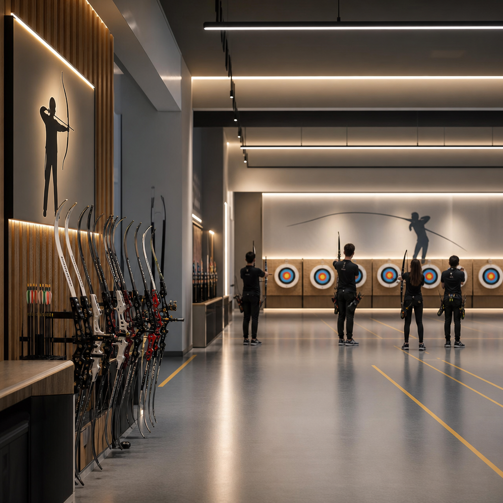 Modern okçuluk salonunda sıcak ve düzenli kulüp atmosferi