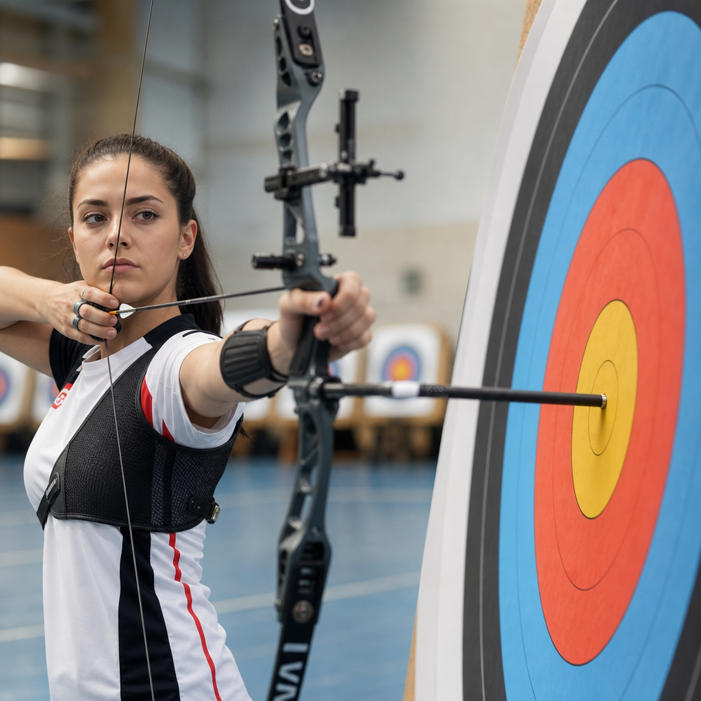 Ok hedefini netleyen sporcu ve hedef tahtasının yakın planı
