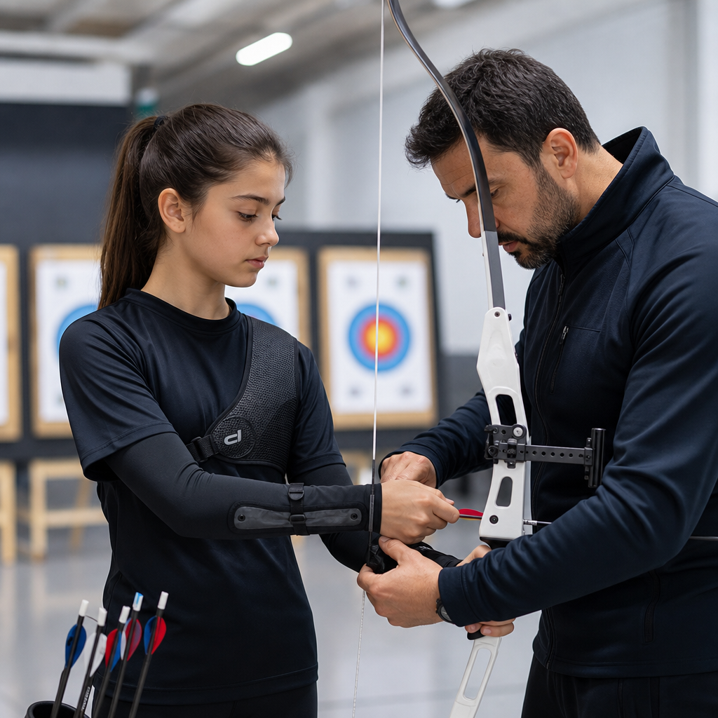 Eğitmenin sporcunun yay tutuşunu düzelttiği teknik çalışma anı