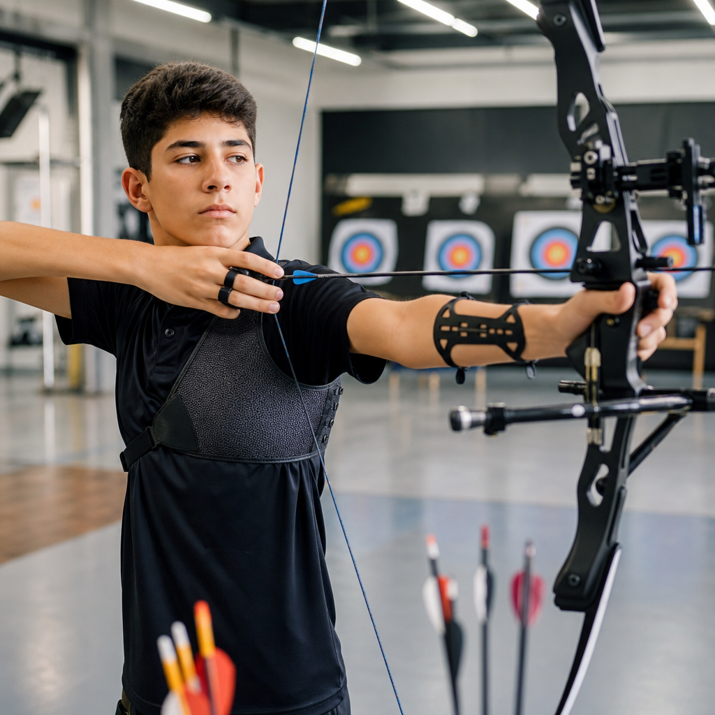 Kapalı salonda okçuluk antrenmanı yapan genç sporcunun gerçekçi fotoğrafı