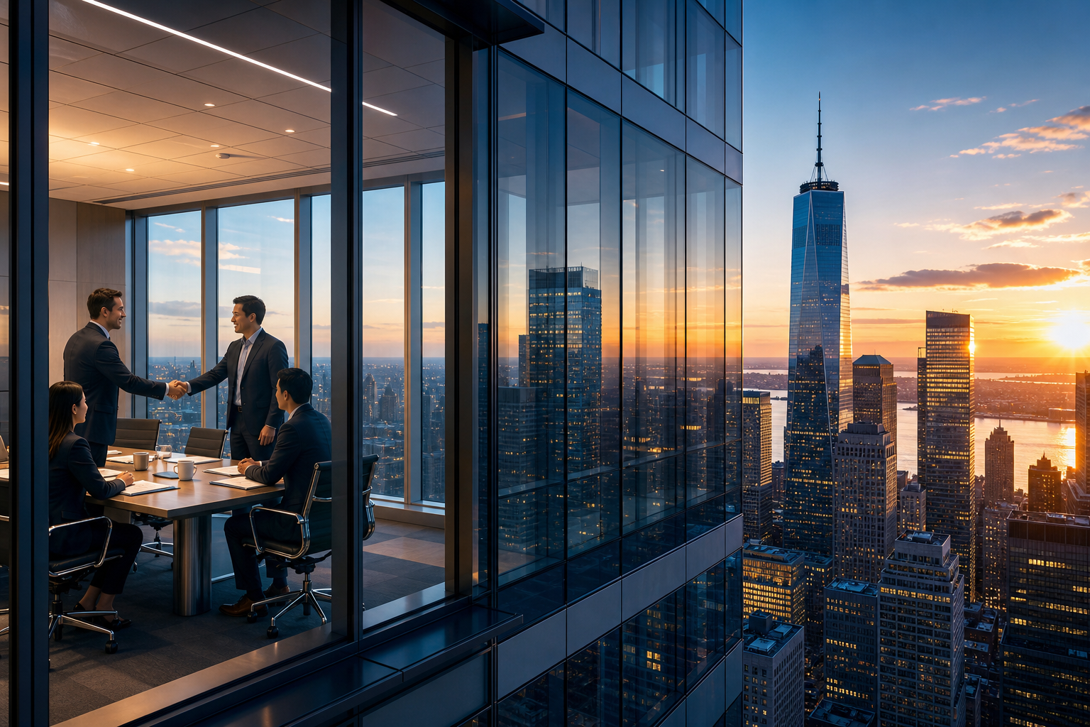 Premium corporate skyline with modern glass towers and professionals meeting in a boardroom