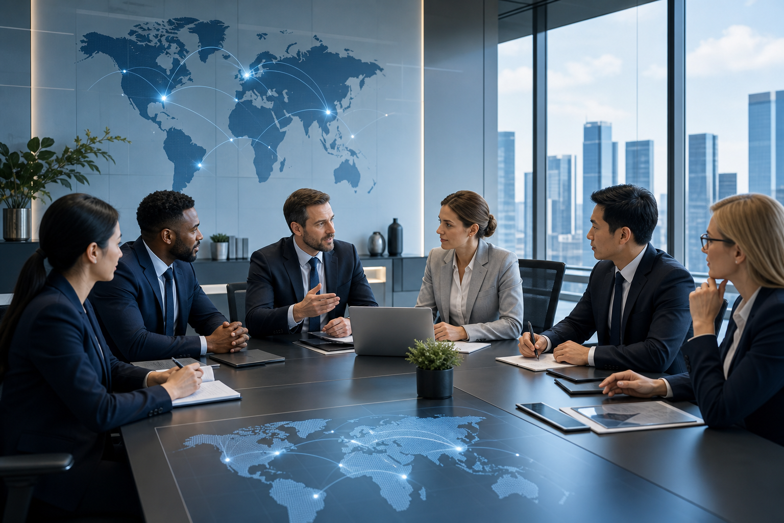 Professional business leaders collaborating at a modern boardroom table