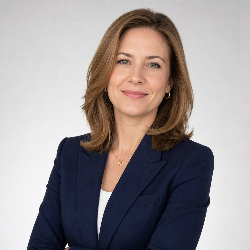 Portrait of a confident founder with shoulder-length light brown hair and a navy suit