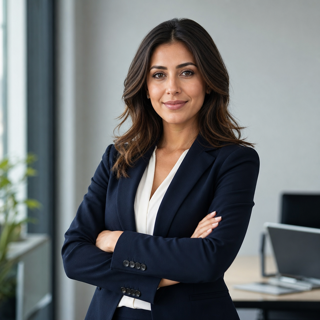 Portrait of a confident founder with shoulder-length light brown hair and a navy suit