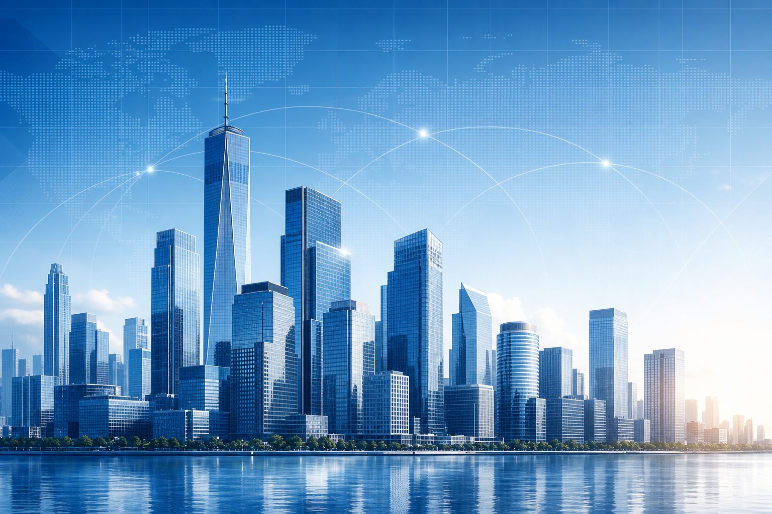 Blue-toned global skyline with modern towers and subtle grid overlays