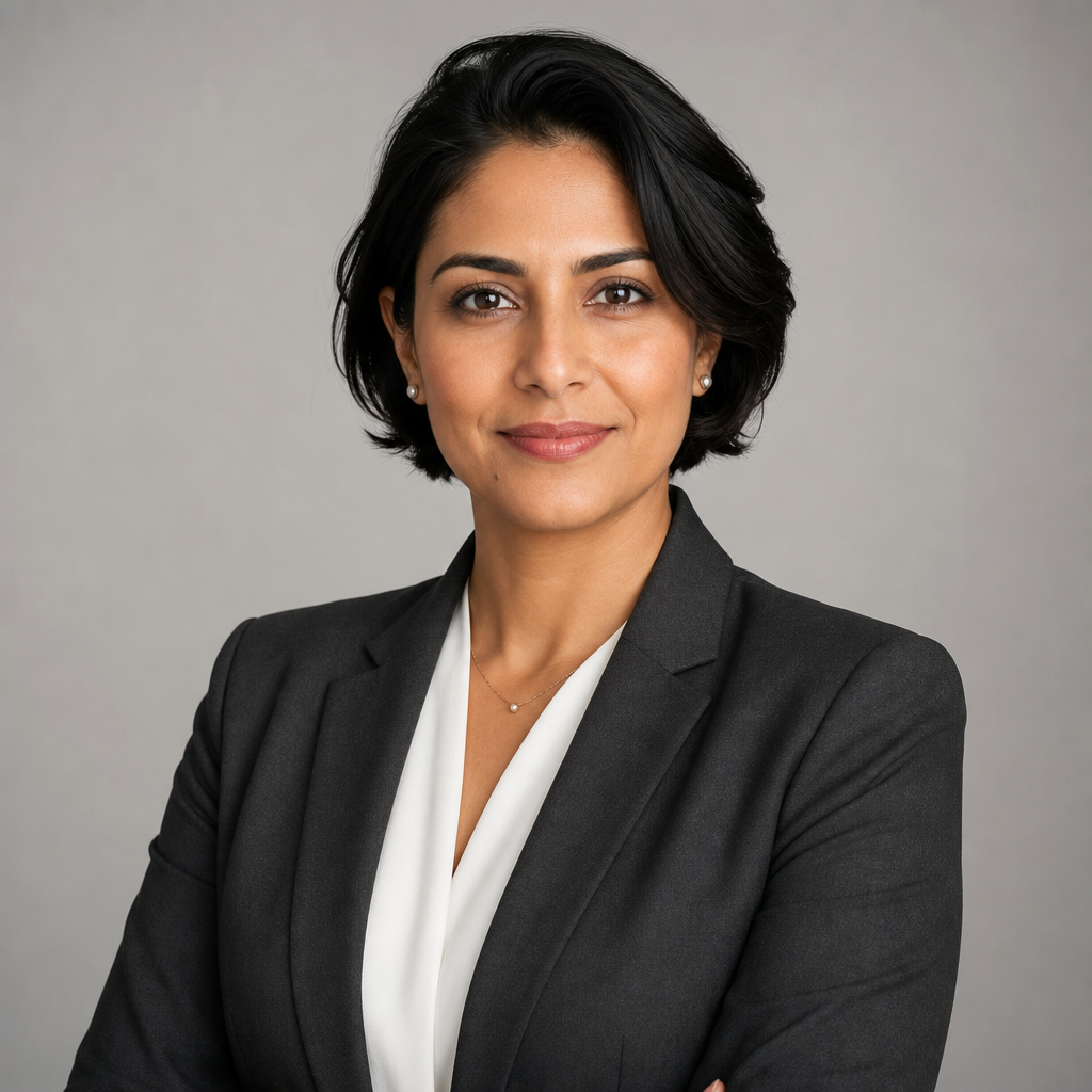 Portrait of a composed operations director with short dark hair and a charcoal blazer