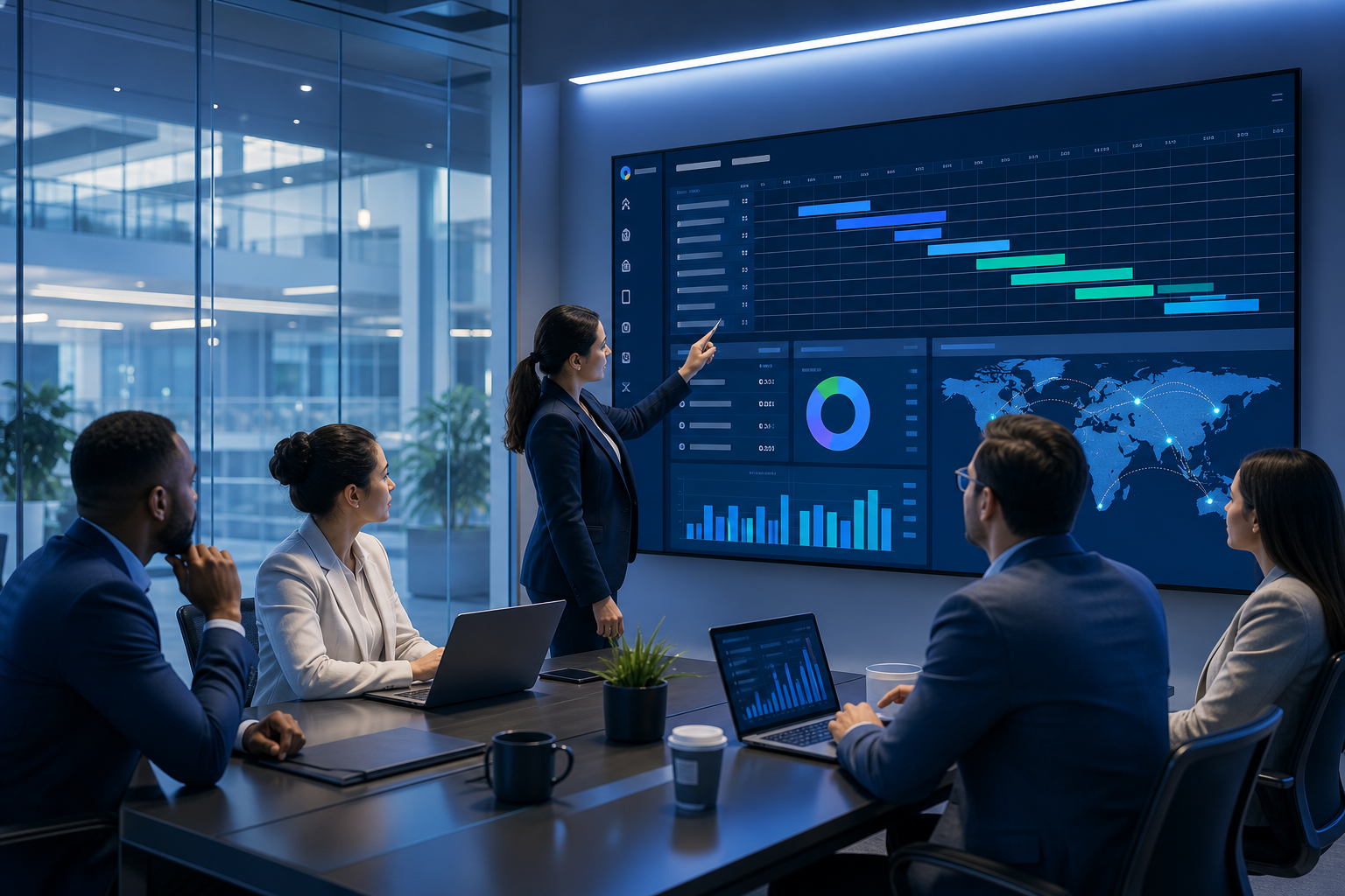 Abstract corporate workspace with professionals collaborating around digital project dashboards