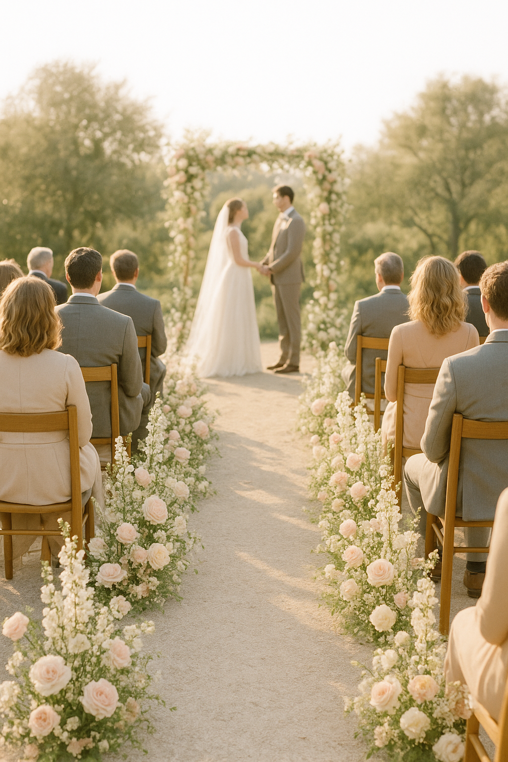 Guests seated in neutral formalwear watching an outdoor ceremony with gentle late-afternoon light