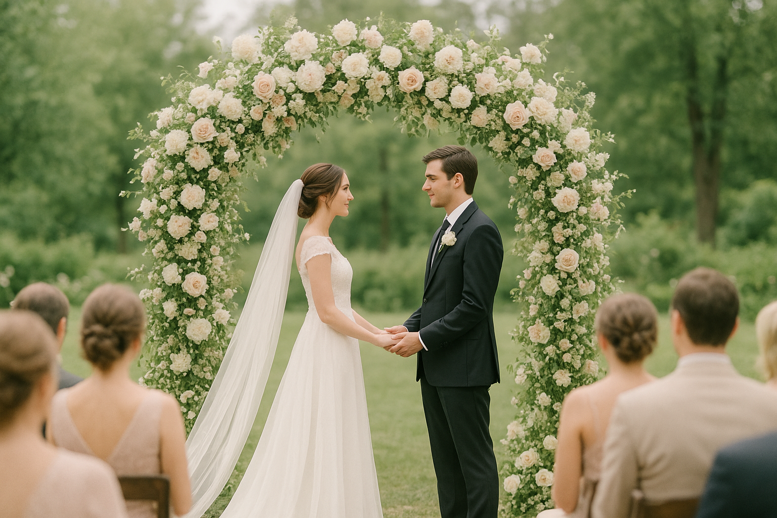 Bride and groom standing beneath a floral ceremony arch in soft daylight with guests blurred in the background